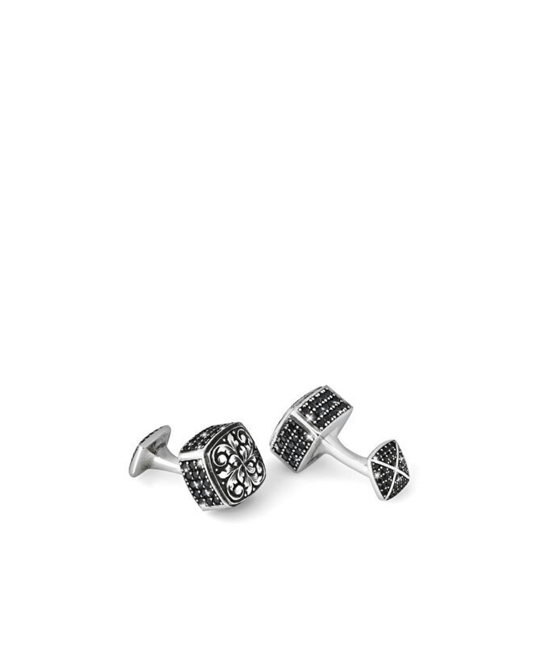 Engraved Cap Dia Zircon Siyah Gümüş Kol Düğmesi