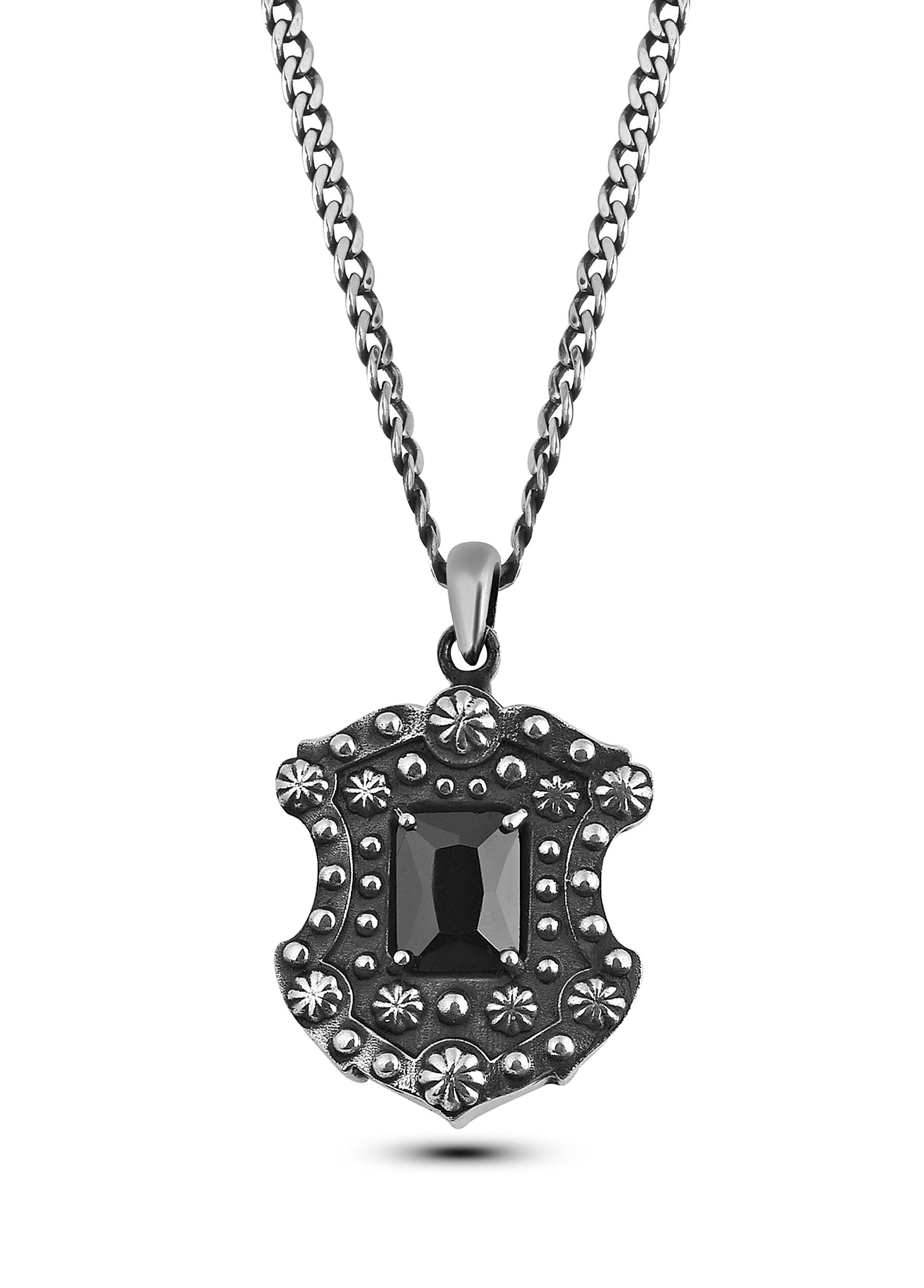 Floral Shield Octagon Erkek Gümüş Kolye